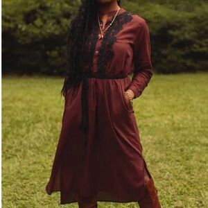 Ex Voto Elegant Burgundy Dress with Black Lace embroidered detailing BNWT